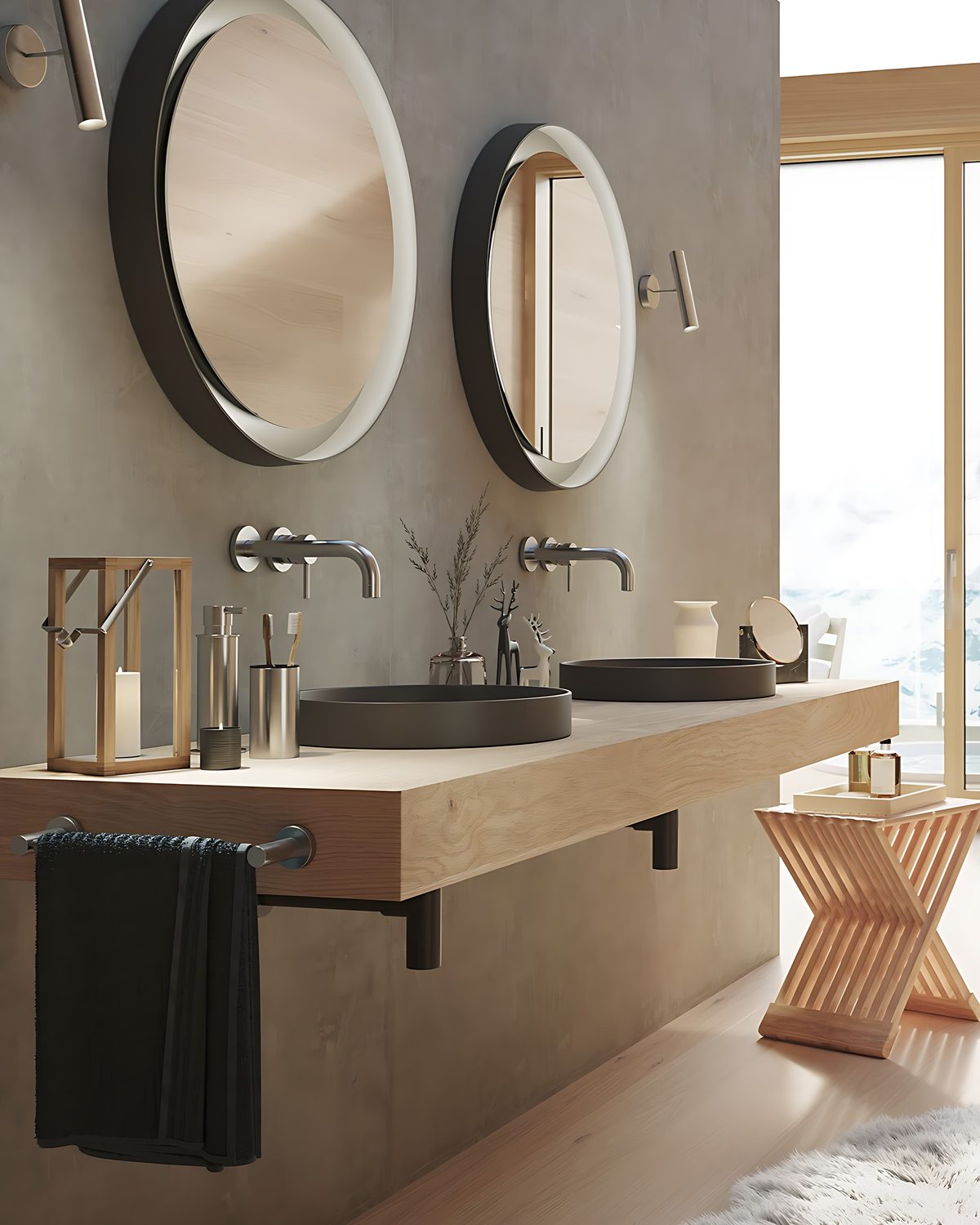 Nobili Live çift lavabolu banyo, ahşap tezgâh
