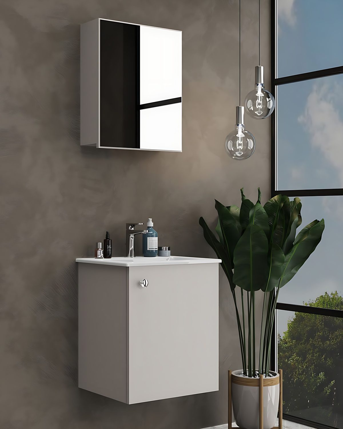 West Design kompakt banyo dolabı, koyu taş duvar önünde