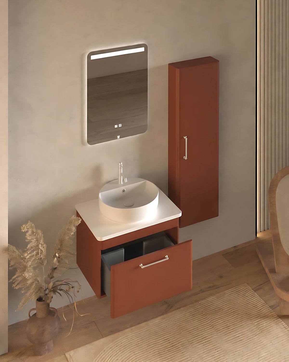 West Design Monza Tuscan Red banyo dolabı, çanak lavabo